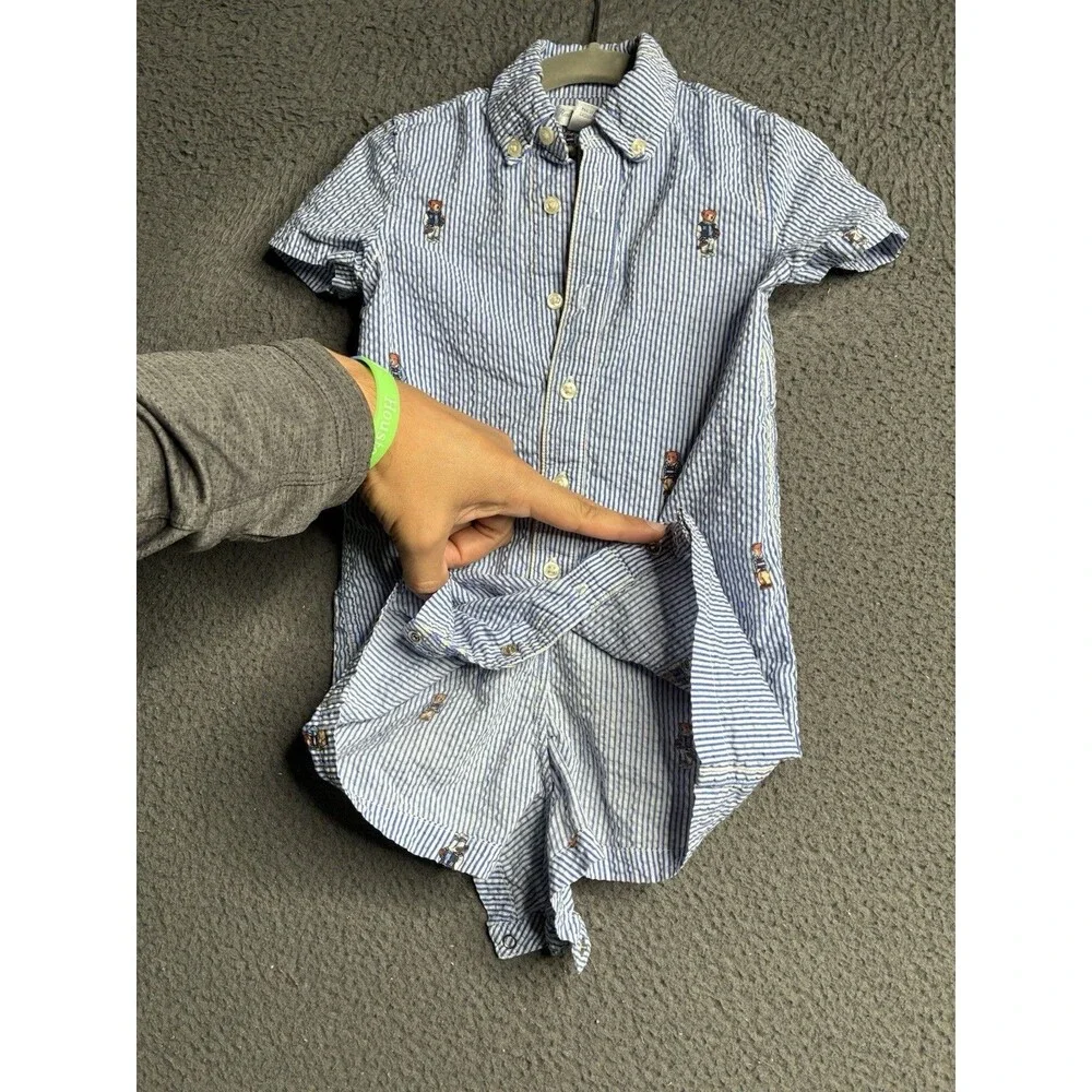 Ralph Lauren Polo Bear One-Piece Romper Seersucker Short Sleeve Baby Size 12M